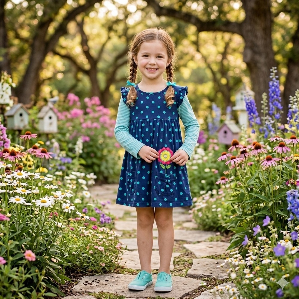 Carter's blue polka dots and bows all cotton pockets 6X embroidered flower